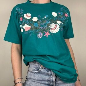 Vintage teal single stitch t shirt with sparkly shell screen print